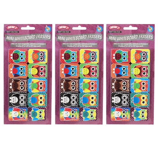 Ashley Productions Non-Magnetic Mini Color Owls Whiteboard Erasers, 3 Packs of 10